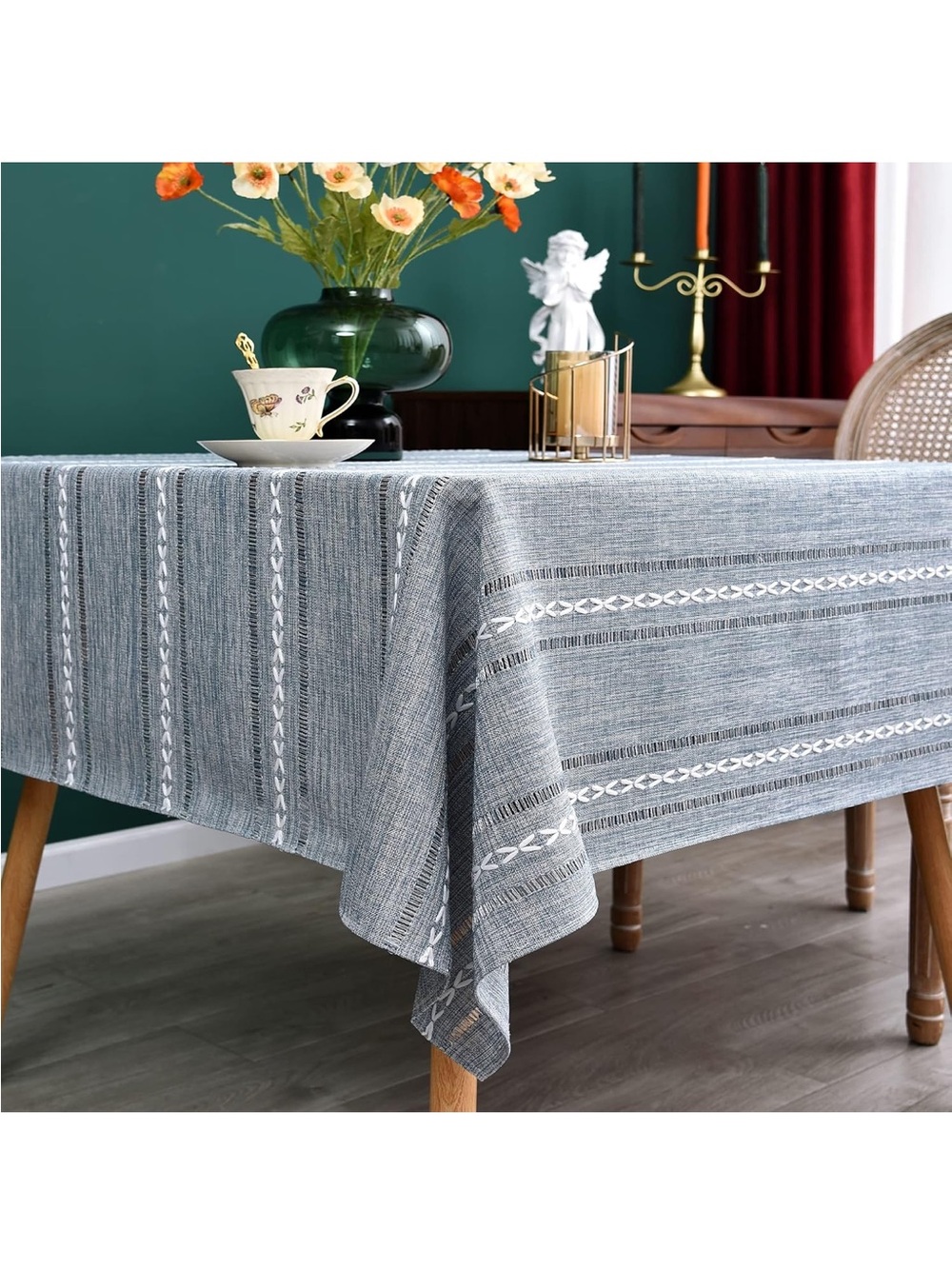 NEW NEWISHER Rustic Farmhouse Embroidered Square Tablecloth, Blue/Grey 70”x70”